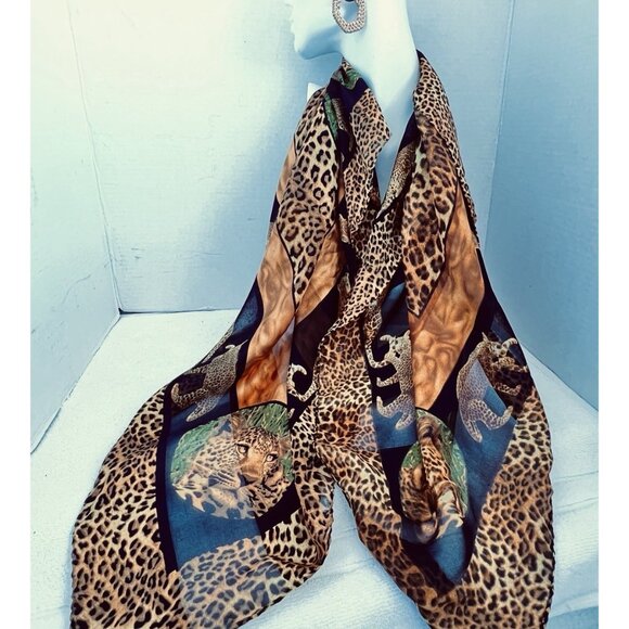 Leopard Silk Scarf Animal Print Square Safari 33" x 33" Bordered Hand Rolled Hem - Picture 5 of 12